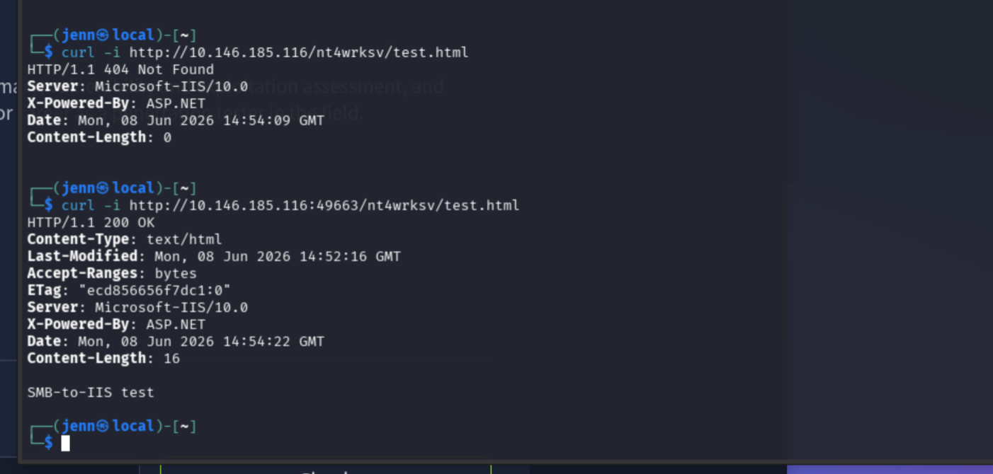 curl to port 49663 with nt4wrksv path returning 200, confirming SMB share is mounted as IIS virtual directory